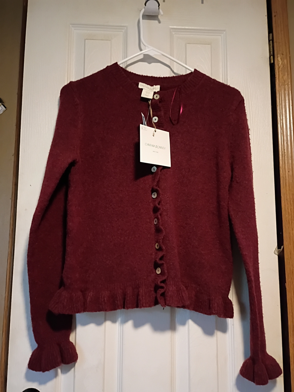 Cynthia Rowley Wine Ruffle Button-Up Cardigan